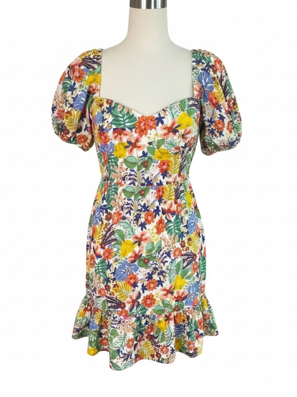 Floral Puff Sleeve Mini Dress Medium Resort Vacation Cottagecore - Picture 2 of 3